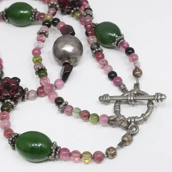 Vintage Gemstone Beaded Necklace, Garnet Clusters, Two Strands, 1990s Vintage